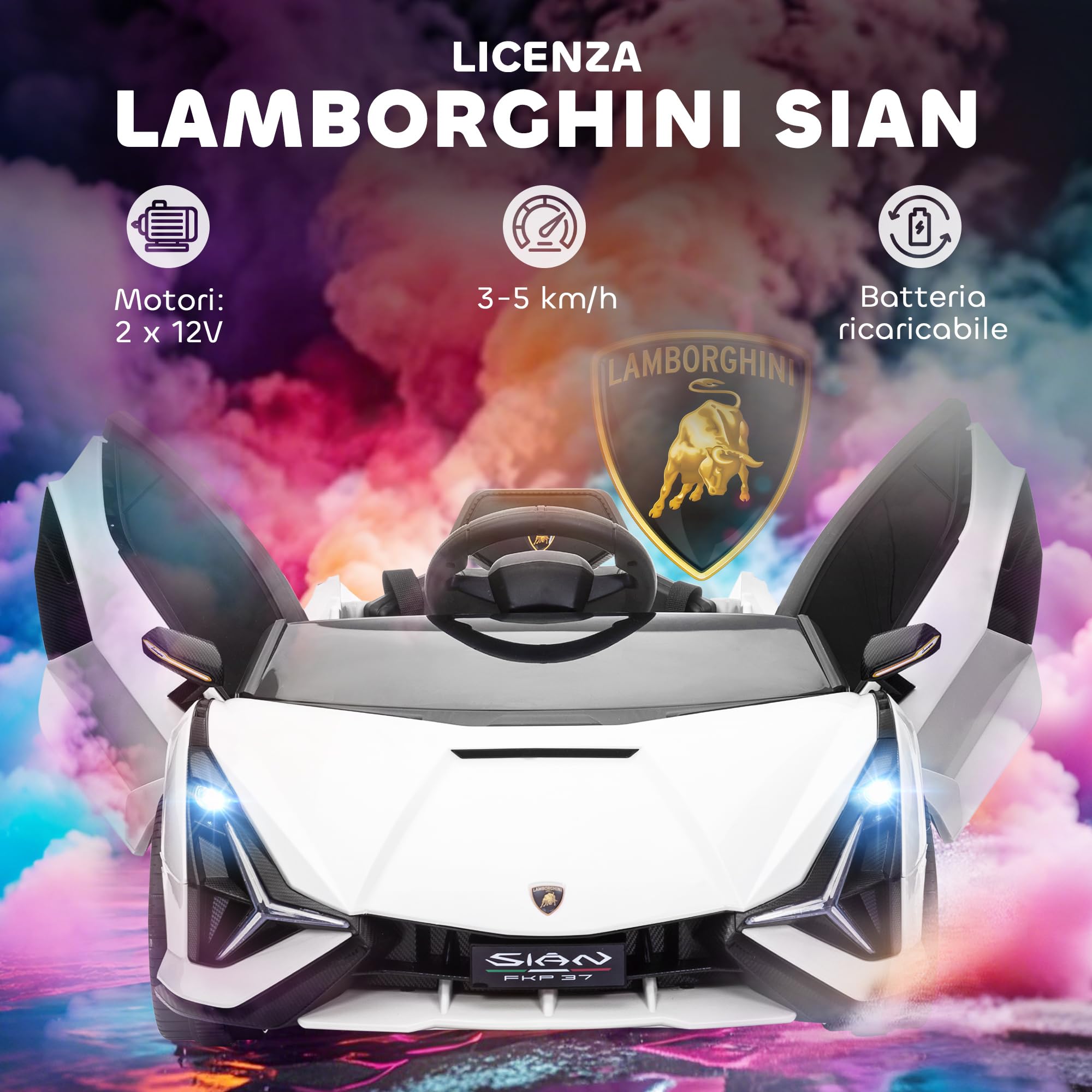 HOMCOM Macchina Elettrica per Bambini 3-5 Anni 12V Lamborghini SIAN, 3-5km/h Auto Elettrica per Bambini con 2 Motori, Fari e Musica, Telecomando, Cintura e Clacson, Bianco