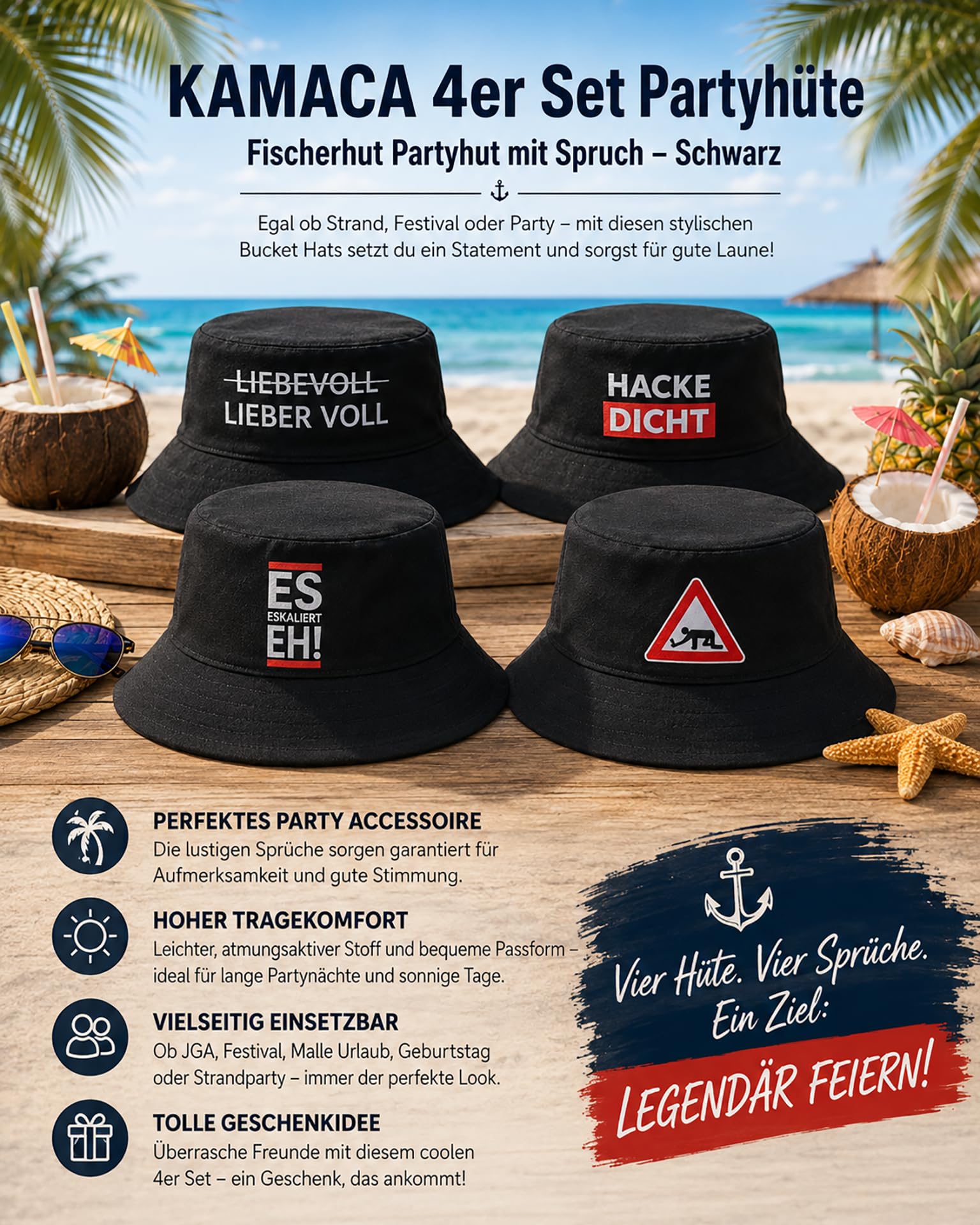 KAMACA 4er Set Fischerhut Partyhut mit Spruch – Bucket Hat – Lustige Partyhüte für Festival, Mallorca Urlaub, JGA, Strand & Sommerparty – Einheitsgröße Unisex