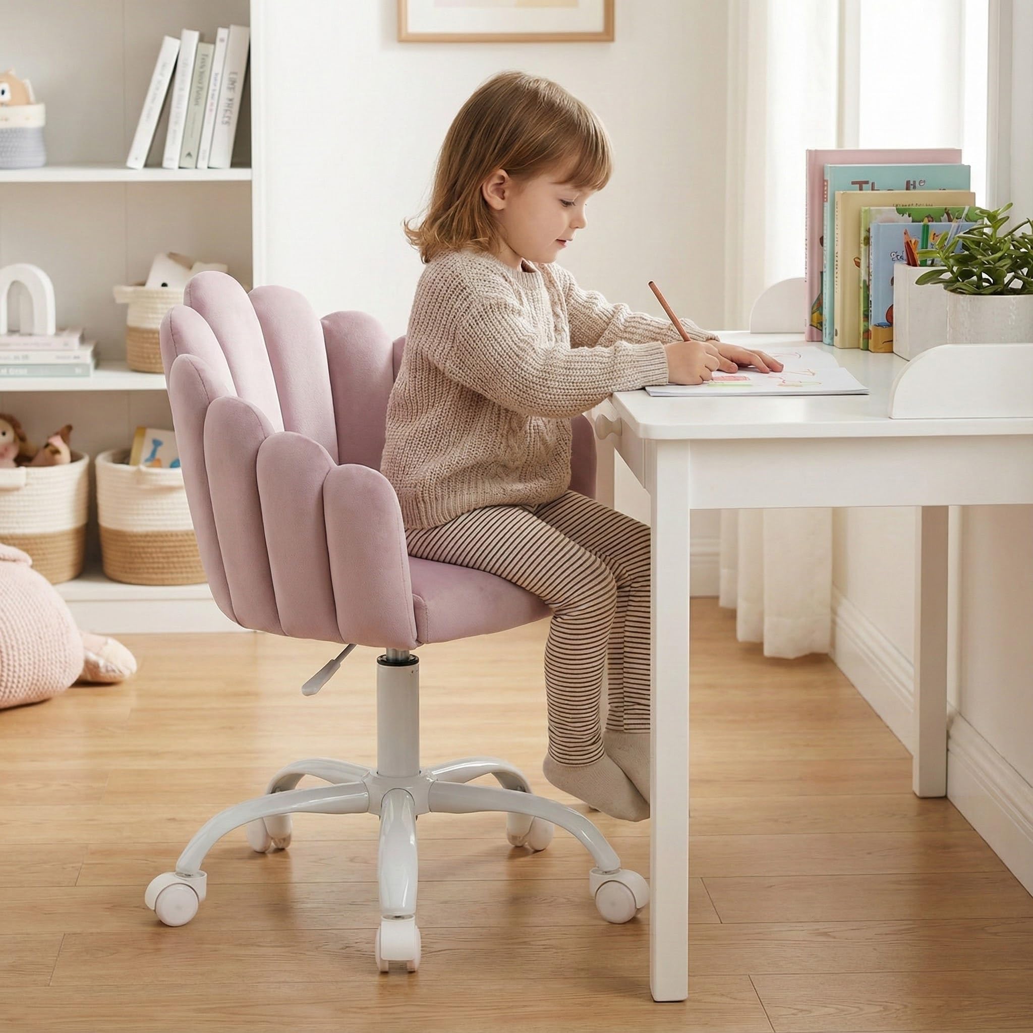 LukeAlon Kids Cute Swivel Desk Chair, Velvet Child Study Chair with Rolling Wheels and Arms, Comfy Upholstered Height Adjustable Teen Vanity Chair for