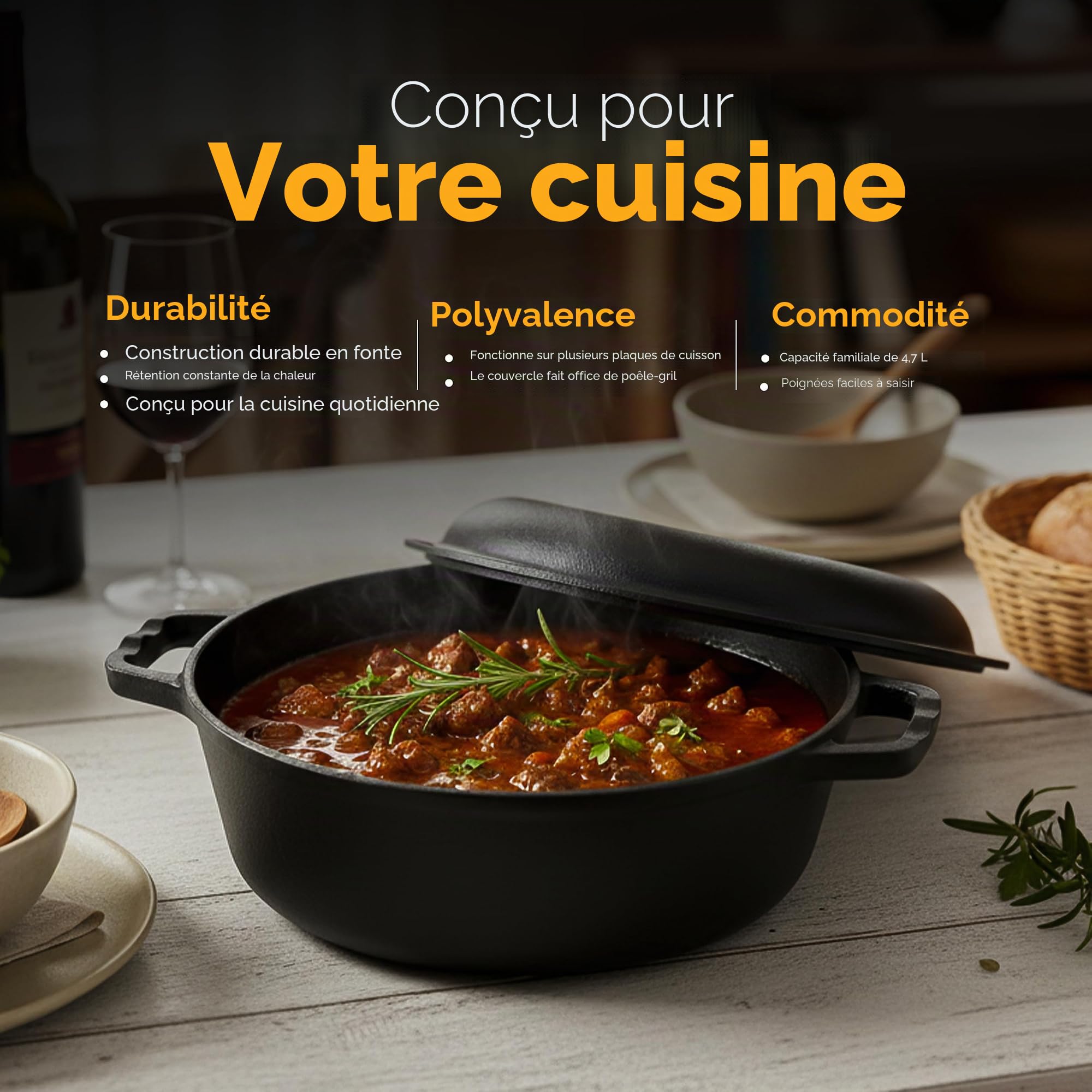 KICHLY 2 en 1 Four Hollandais en Fonte Pré-Assaisonné avec Couvercle - Poêle à Griller Double Usage Cuisson Intérieur et Extérieur