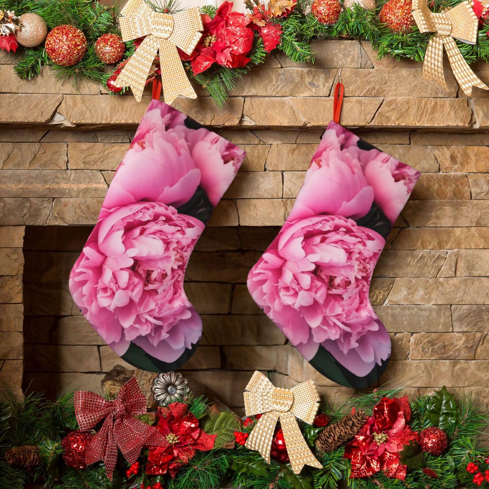 Pink Peony Christmas Stockings 18 Inches Velvet Xmas Fireplace Hanging Stocking Rustic Christmas Santa Stockings for Home Christmas Decorations Party Favor Supplies