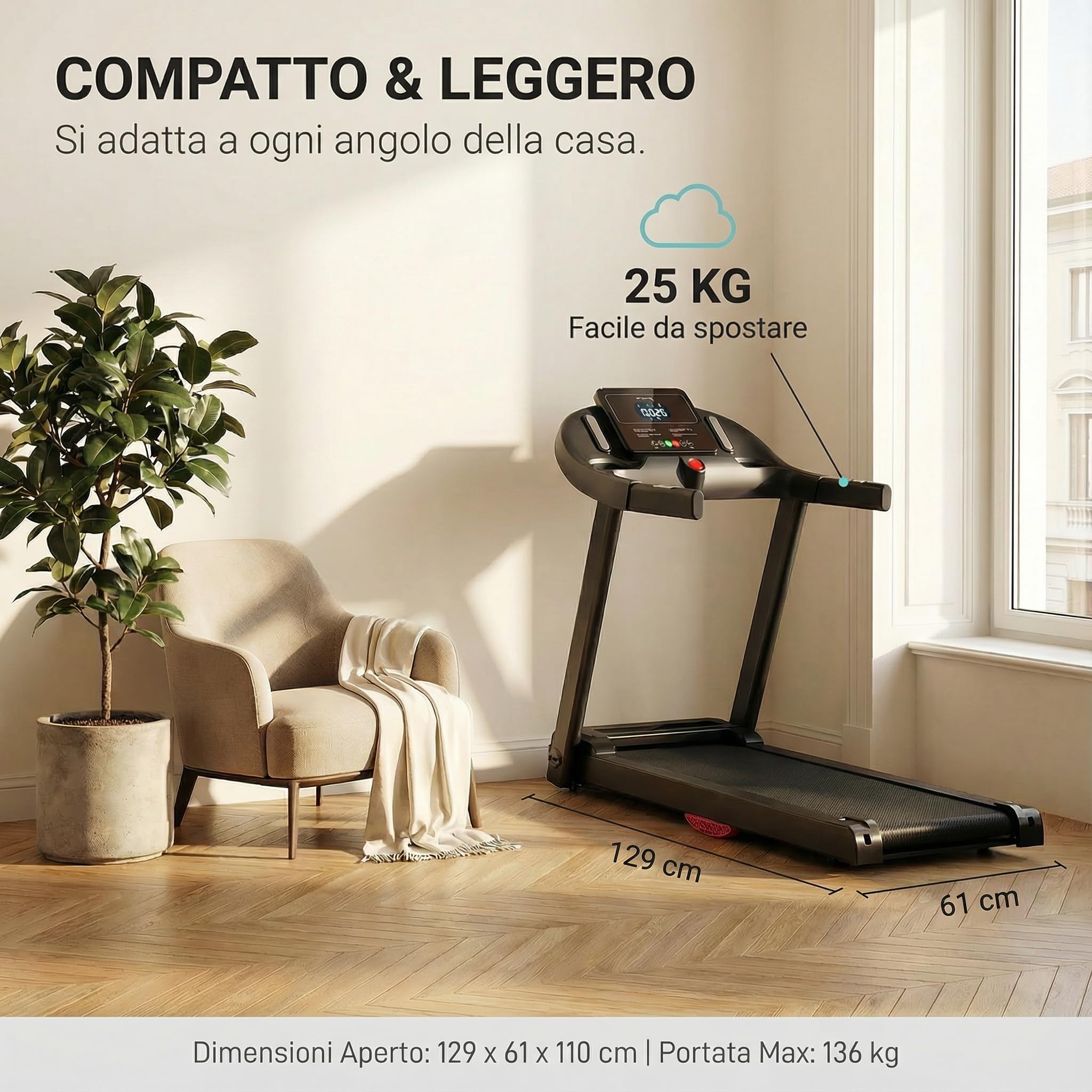 Tapis Roulant Salvaspazio 14km/h, Tapis Roulant Elettrico Pieghevole con Inclinazione 15%, Walking Pad Pieghevole da Casa, Motore Silenzioso 3.0 HP, Display LED, Portata 136 kg