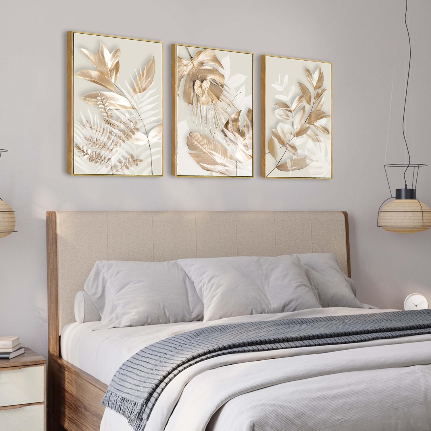 Large Picture for Living Room 3 Pieces Modern Gold Flowers and Leaves Canvas Wall Pictures White and Gold Wall Art for Bedroom Decor Elegant Wall Decor Set of 3 Wall Art Framed 20x28inches x3pcs