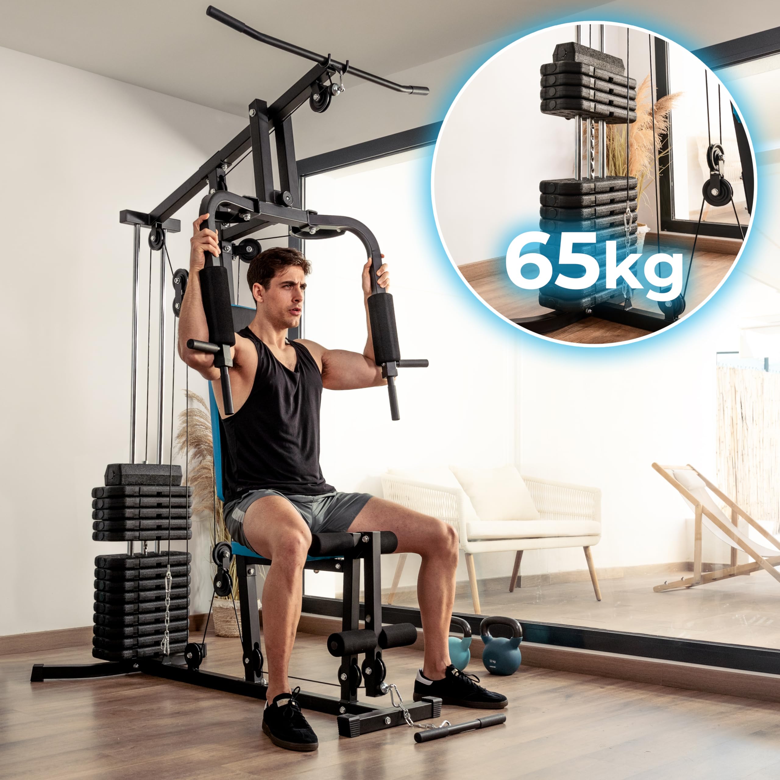 Cecotec Estación de Entrenamiento Multifuncional Drumfit HomeGym 1000 Single y Double. Bloque de Pesas Total 65Kg, Full-Body Workout, Almohadillas Acolchadas, Ajustable, Acero, Peso Máximo 120 - 150Kg