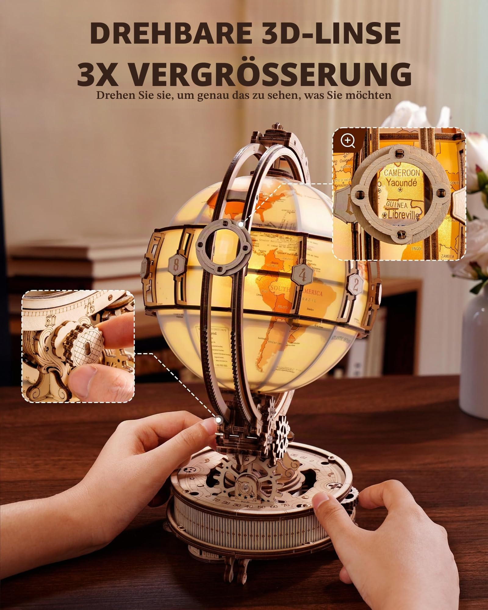 Robotime 3D Puzzle Leuchtender Globus mit LED Licht, Automatisch Drehbarer 3D Holzpuzzle Modellbausatz Erwachsene, Holzmodelle & Bausätze Erwachsene, Nachtlicht, Tischdekoration & Geschenkidee
