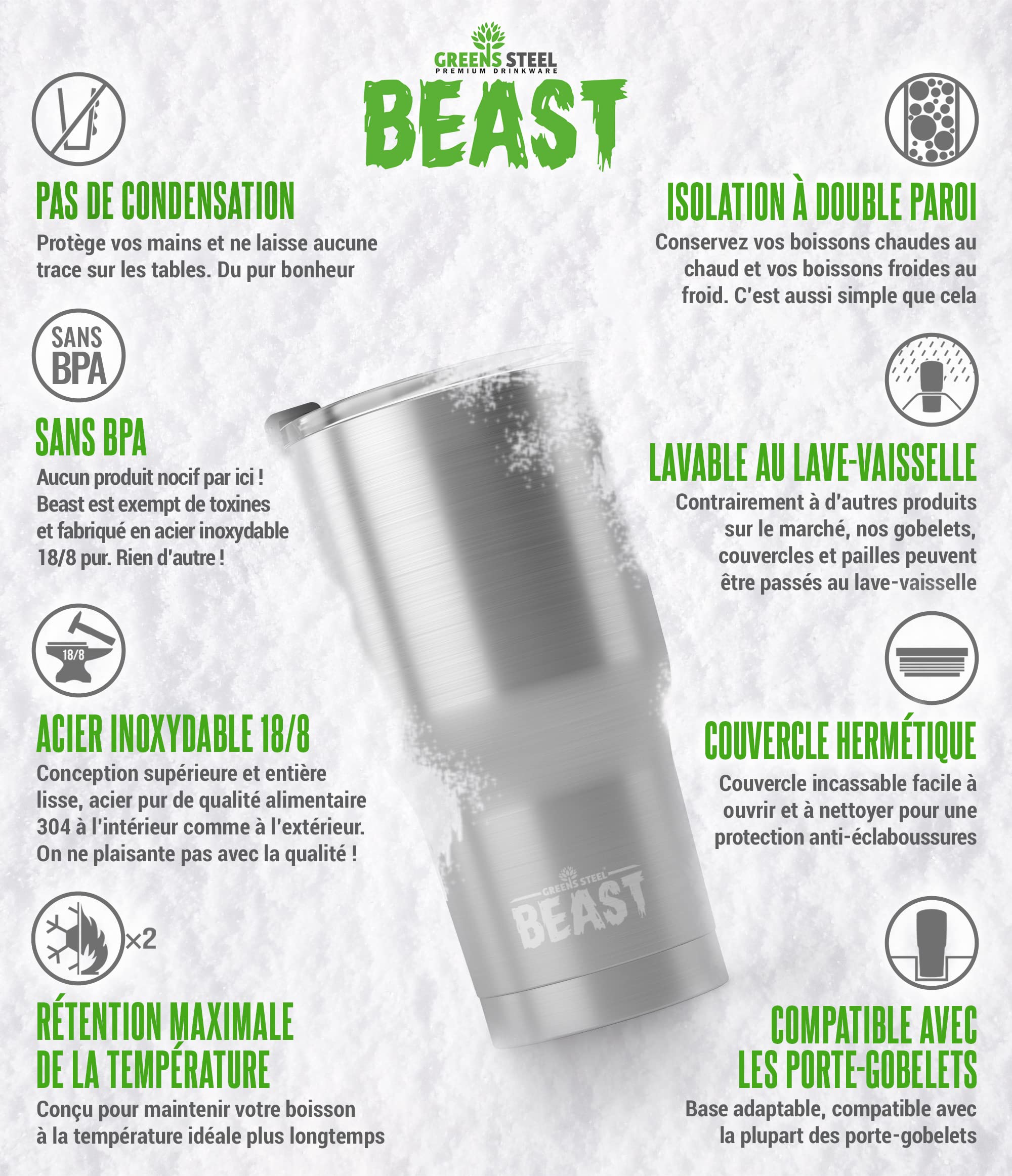 Beast Tumbler – 1050 ml (40 oz), Noir Matt | Gobelet isotherme en acier inoxydable réutilisable | Avec 2 pailles et brosse de nettoyage | Double paroi, idéal pour café chaud ou glacé | Sans BPA - 4