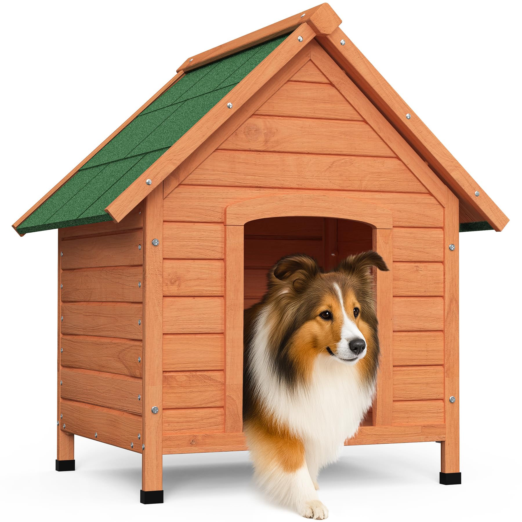 VOUNOT® Caseta para Perros Exterior con Techo Asfáltico y Pies Antideslizantes Casa para Perros Mascotas Perrera de Madera Impermeable Base Extraíble Refugio Canino Perruno 72x65x83 cm, Natural
