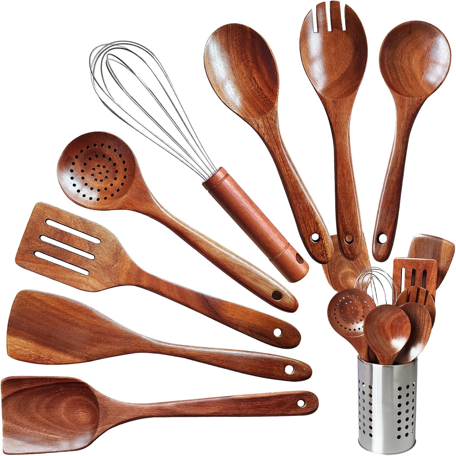 9 Pieces Wooden Spoons for Cooking, Wooden Utensil Set, Wooden Kitchen Utensil Set, With Strainer Spoon, Fried Spatula and Salad Fork, Egg Beater, Utensils Holder (9 Piece Set)