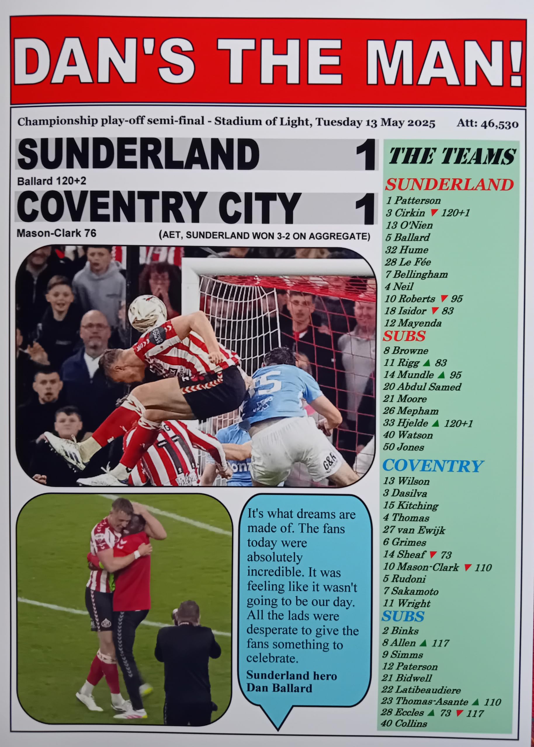 Assorted Multicoloured Sunderland 1 Coventry City 1-2025 Championship Play-Off Semi-Final - Souvenir Print