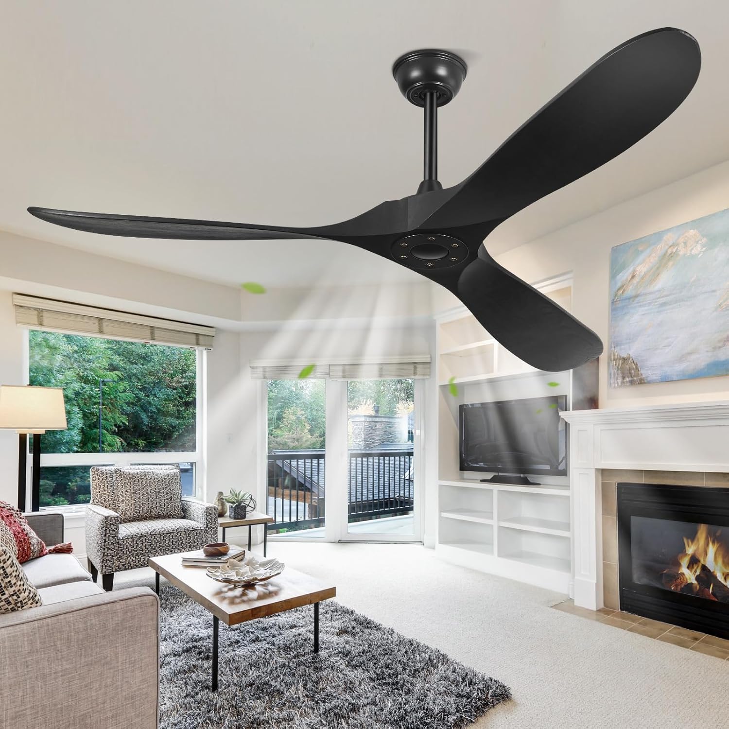 60" Wood Ceiling Fan No Light, Black Ceiling Fans without Lights with Remote Control, 3 Blades, 3 Downrods, ETL Listed, Timer, 6 Speeds Indoor Outdoor Fans for Patios Farmhouse, Matte Black Matte Black 60 INCH