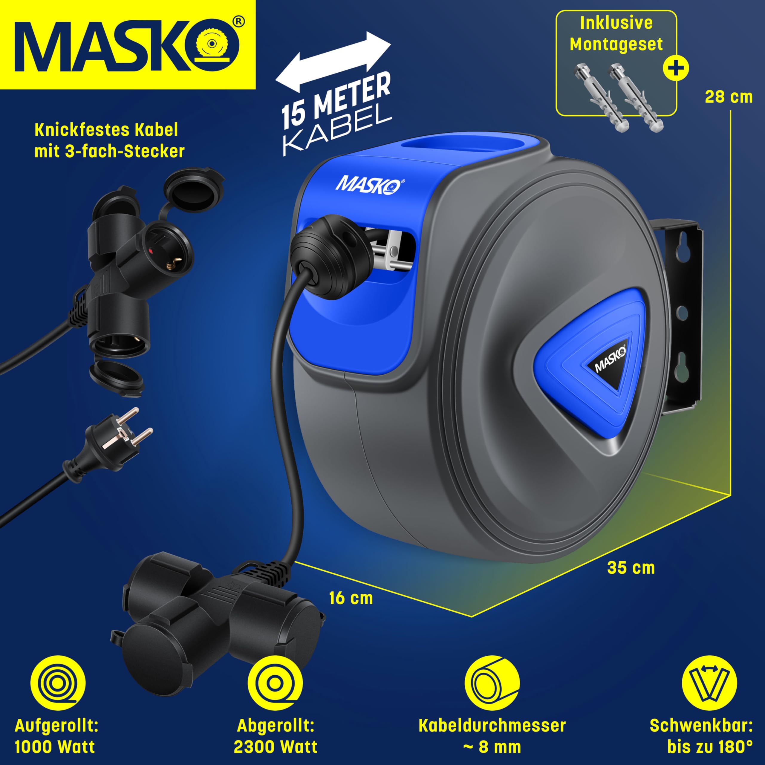 MASKO® Automatik Kabeltrommel Verlängerungskabel 20m mit 3-Fach Anschluss 180° drehbar 1,5m Zuleitung Wandhalterung Werkstatt Kabelaufroller Automatisch Stromtrommel Schlauchaufroller