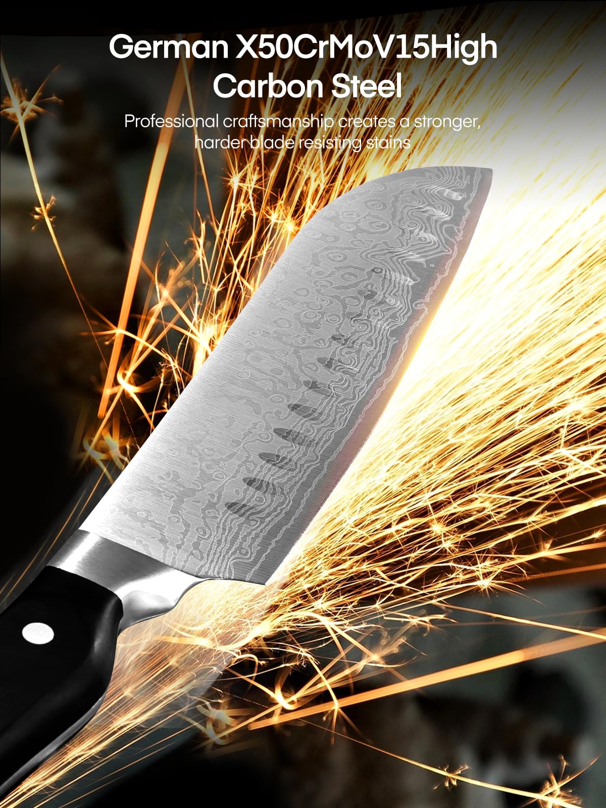 FOHERE Couteau Cuisine, 14 Pièces Bloc de Couteaux avec Affûteur Intégré, Set Couteau Cuisine en Acier Inoxydable, Bloc Noir en Bois