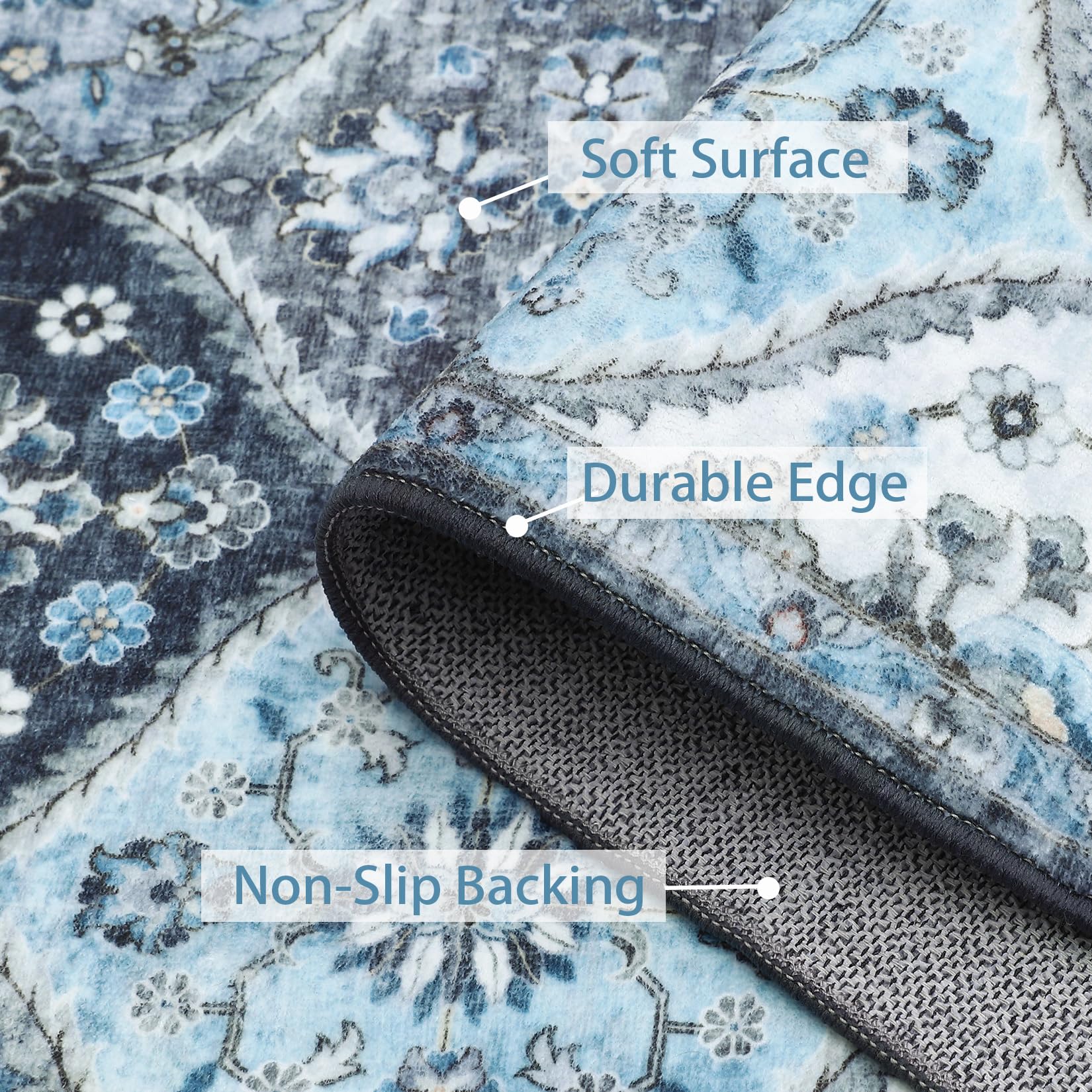 ROYHOME Washable Area Rug 2' x 3' Moroccan Trellis Entryway Rug,Blue/Grey