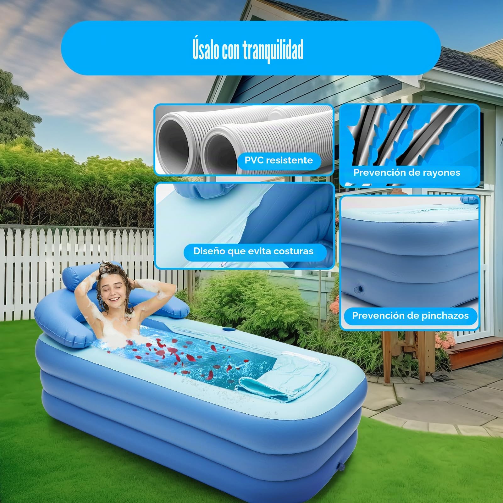 Bañera hinchable, bañera plegable de PVC para adultos y niños con respaldo, bañera inflable portátil con cojín y tubo de drenaje (sin bomba) para piscina en casa y baño, 150x80x75cm, azul