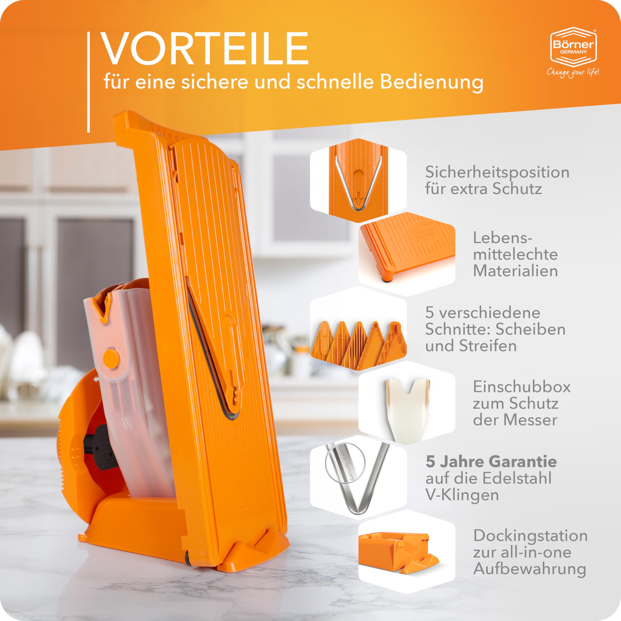 Börner Gemüsehobel V3 (Profi Set) • Multifunktionaler Gemüseschneider für Scheiben, Julienne, Würfel • Verstellbarer V-Hobel • Edelstahl V-Klinge • Küchenhobel Set • Farbe: Orange