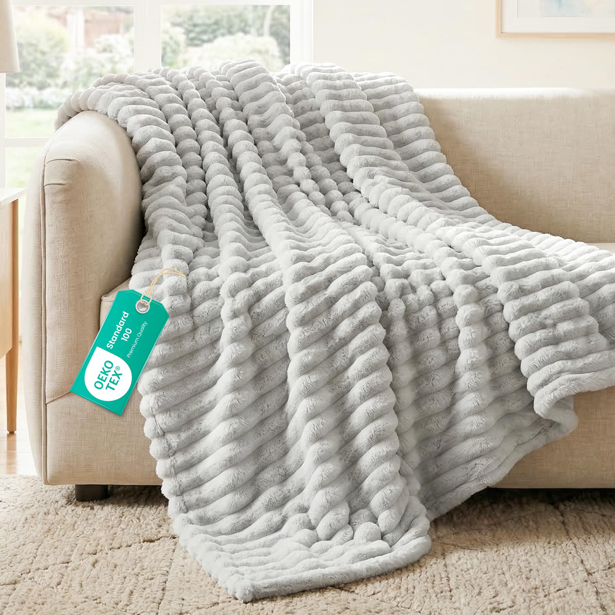 Sunshine Comforts Fleece Stripe Throw Blanket For Sofa - 100% Polyester Soft Cosy Warm Blankets For Bed, Light Warm Soft Cute Throw For Women and Girls (Grey - Stripe, Double (150X200CM)) — image 1