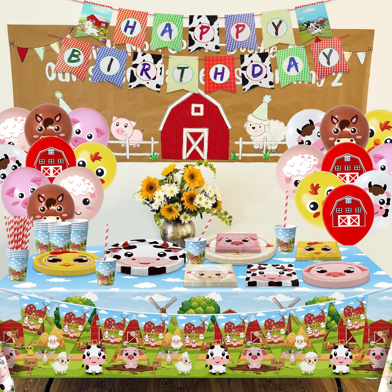 Set da Tavola per Festa di Compleanno a Tema Fattoria - Decorazioni con Animali per 20 Persone - 121 Pezzi