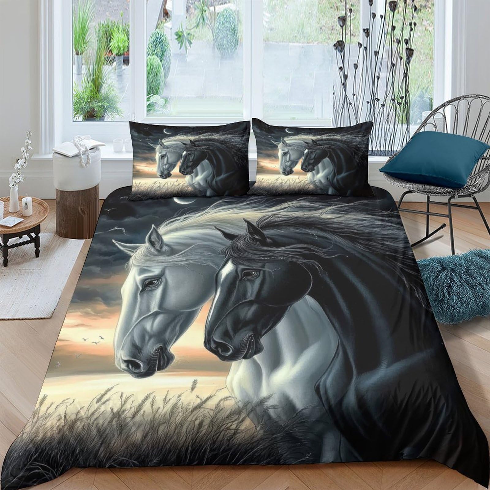 TUFRTGYHN 3D Printed White Horse Black Horse Duvet Cover Microfiber Soft Bedding Set with 2 Pillowcases for Bedroom Decor Single（135x200cm）