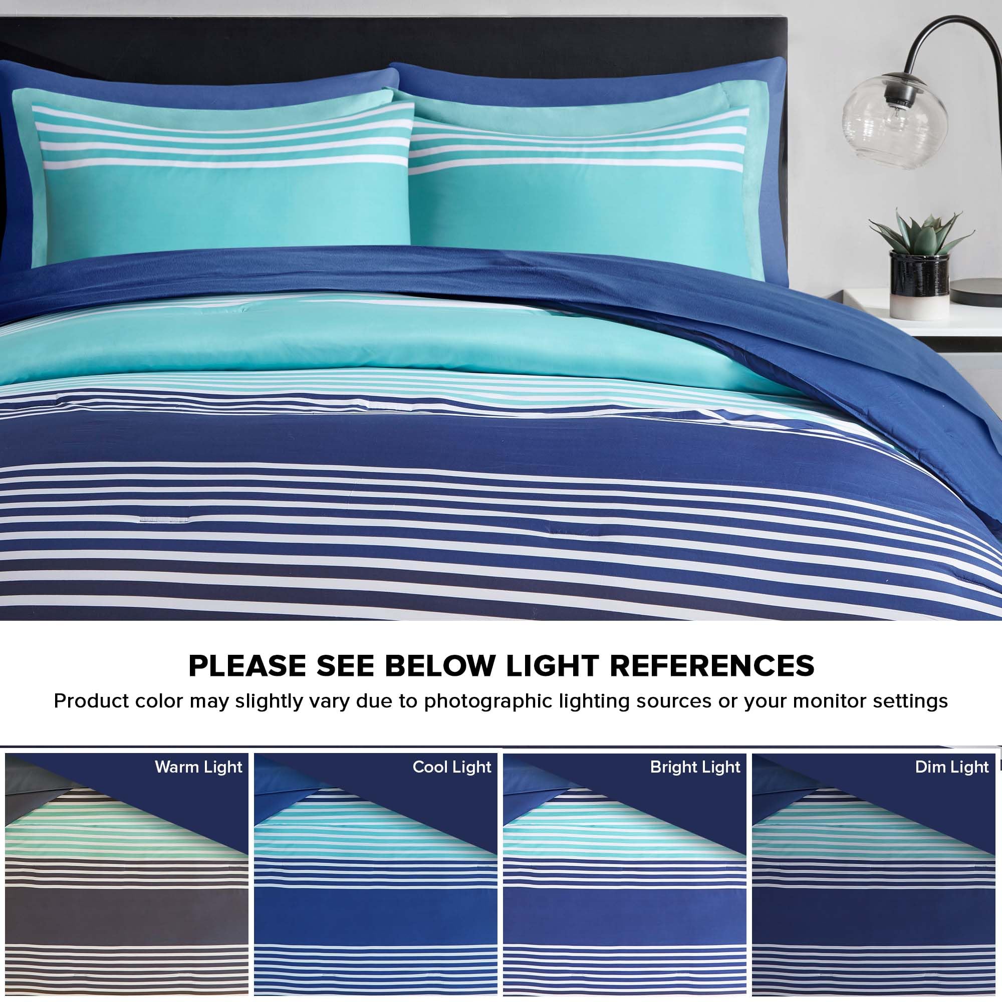 Comfort Spaces Full Comforter Set with Sheets - Bed in a Bag 9 Pieces Teen Bedding Set, Navy and Grey Stripes, College Style, 2 Side Pocket Bedroom Organizer