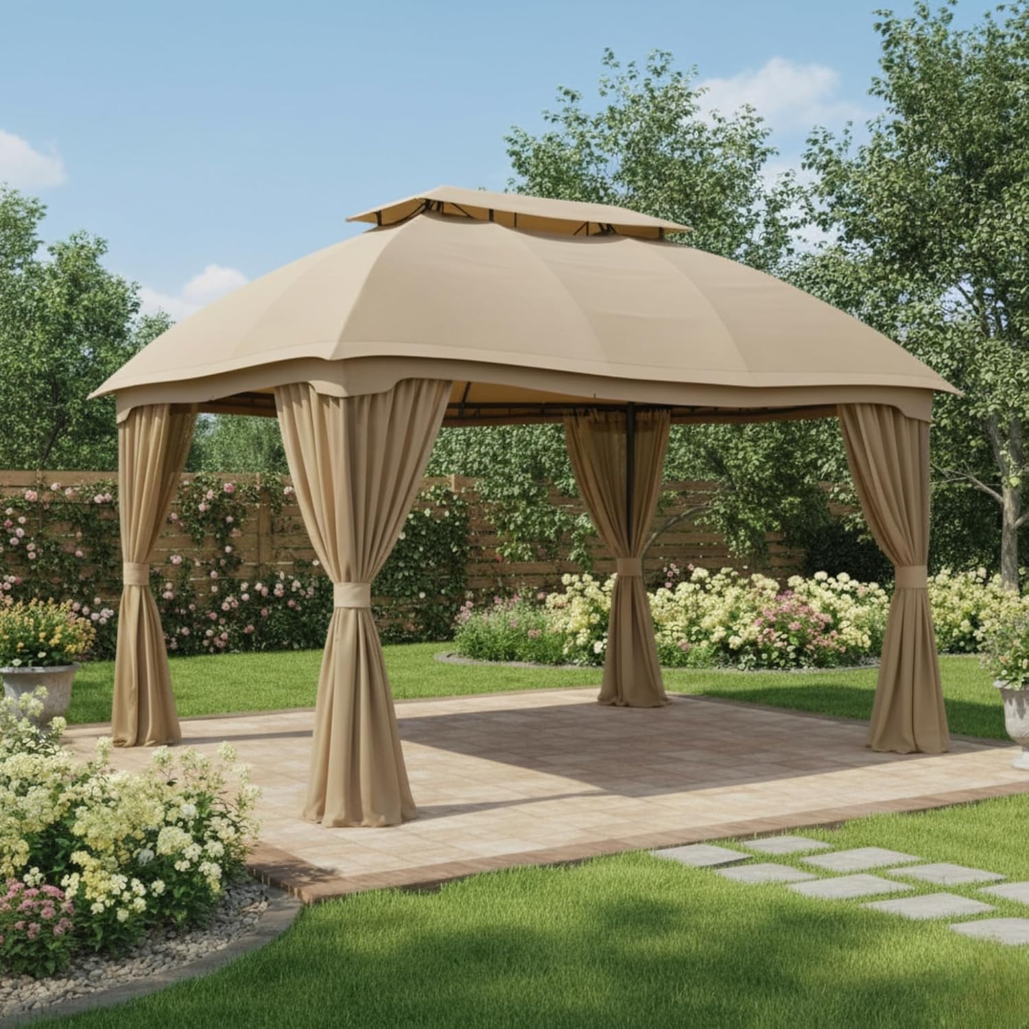 Garden Winds Durable 350 Replacement Privacy Curtain Set Compatible with Domed 10' x 13' Gazebo Models L-GZ822PCO, D-GZ822PCO – Beige