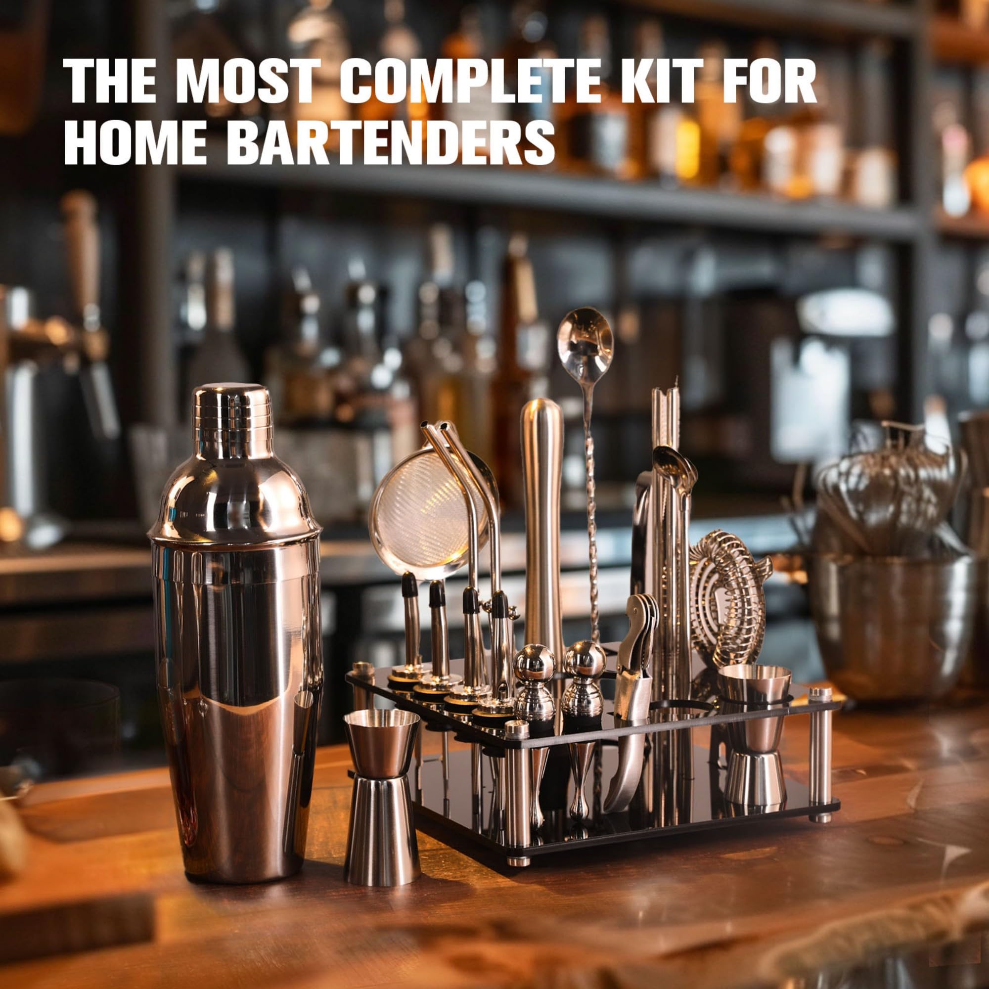 KINGROW Mixology Cocktail Shaker Set - Komplettes 29-teiliges Barkeeper-Set und Barwerkzeuge mit Acryl-Drehständer, Professionelles Bar-Set für Getränkemischen, Zuhause, Bar, Party