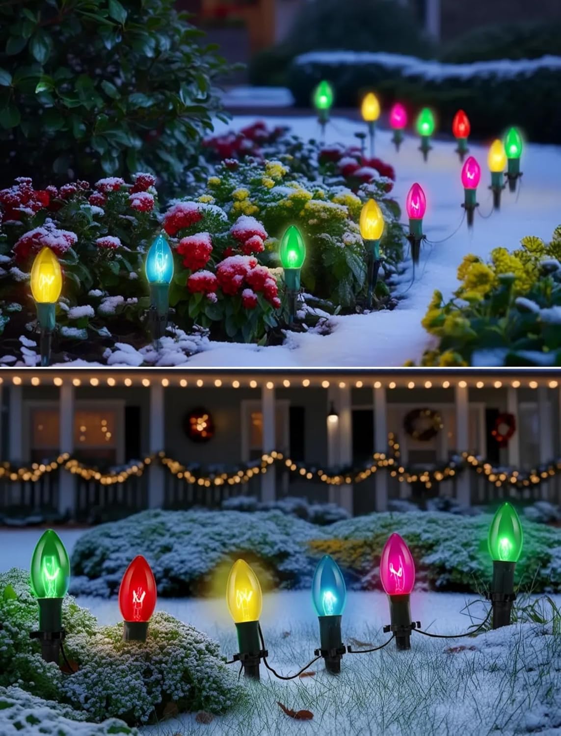 38FT C9 Christmas Stake Lights Outdoor,25 Pack Weatherproof Christmas Pathway Lights with C9 Multicolor Bulbs and Stakes for Garden Lawn Backyard Snowfield Xmas Decorations