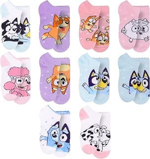 Bluey Kids Ankle Socks 10-Pack – Boys & Girls Low Cut Socks Size 4–6 – Soft Stretch Bingo Cartoon Designs