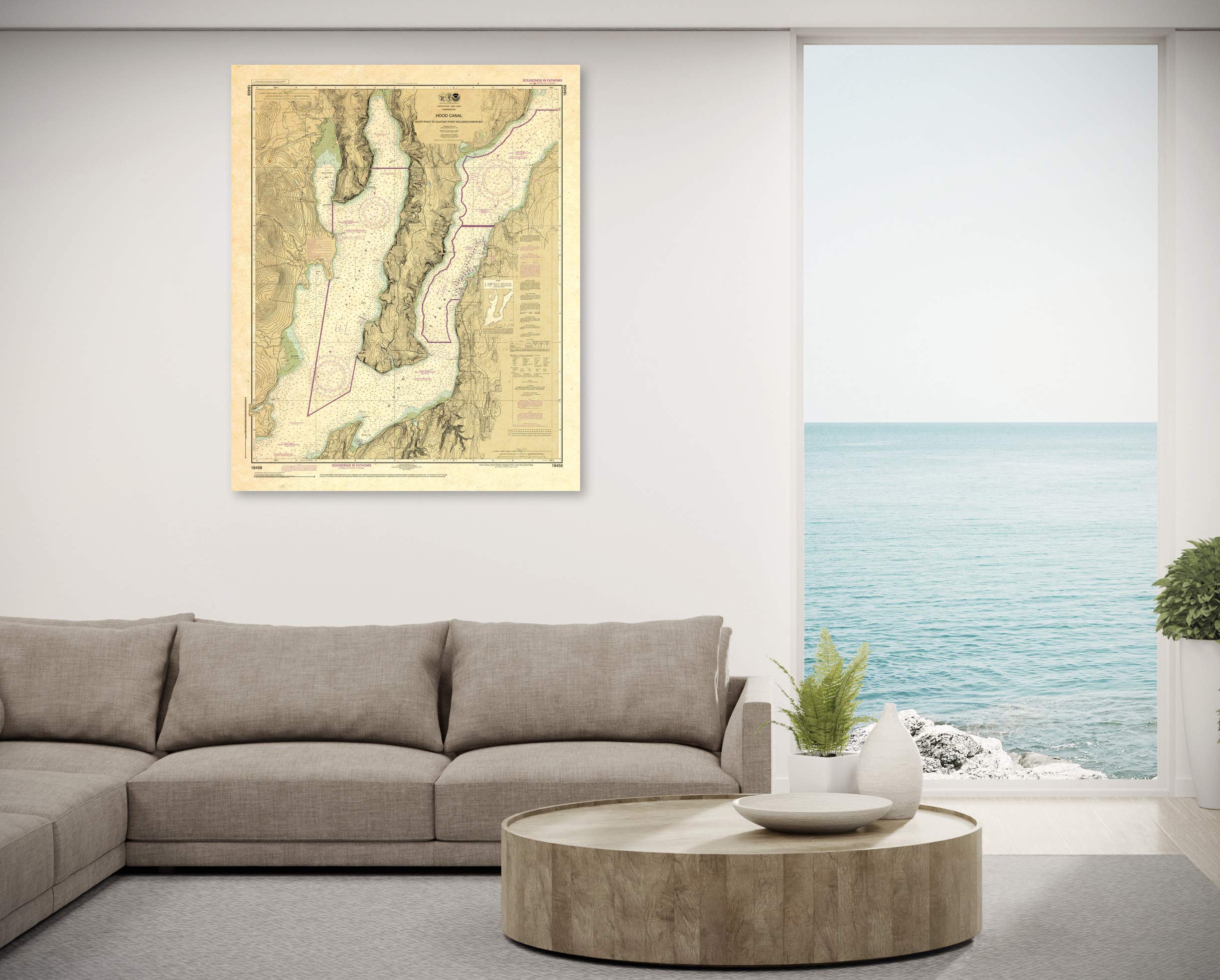 Paradise Cay Publications Antiqued NOAA Chart 18458: Hood Canal-South Point to Quatsap Point Including Dabob Bay