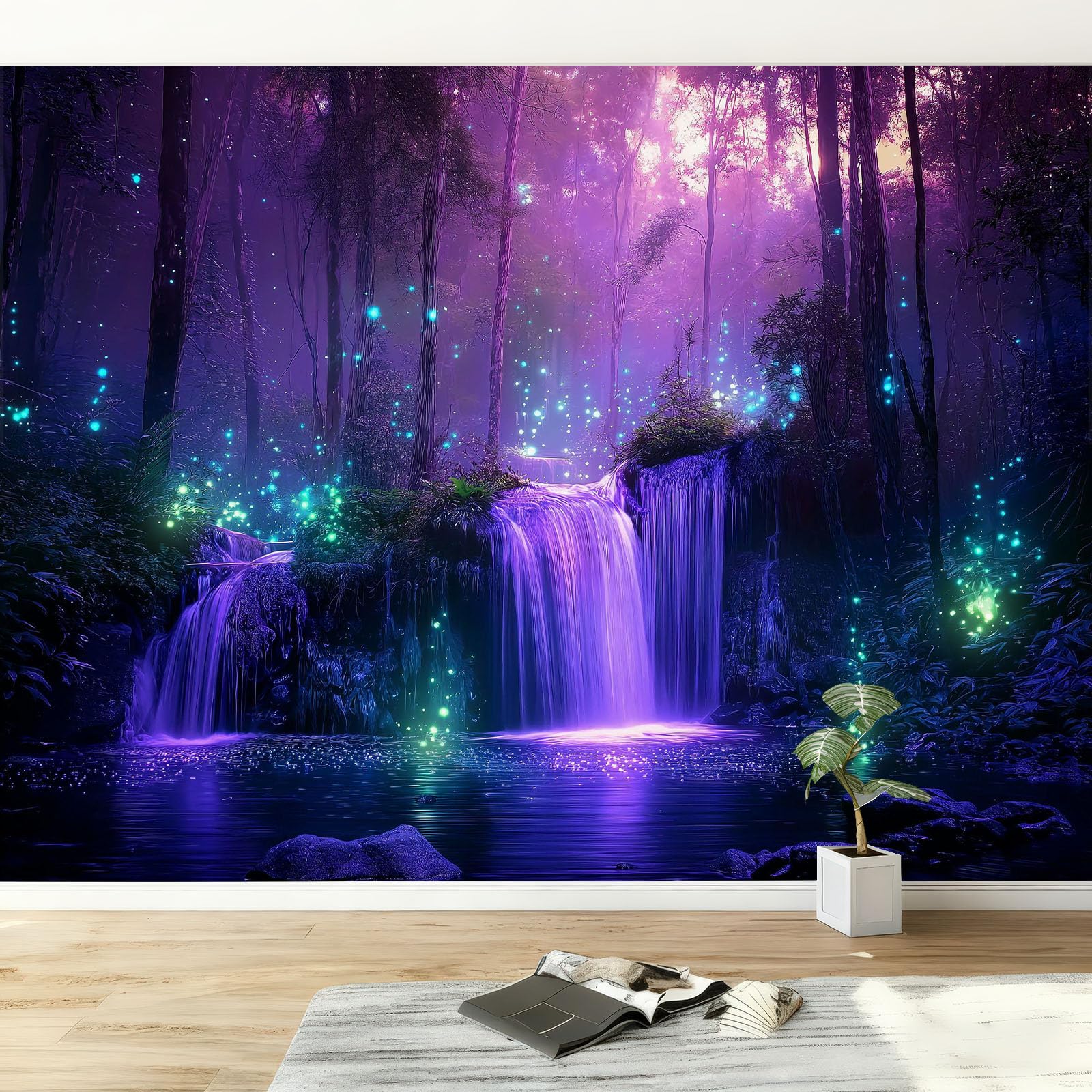 Fantasievoller Leuchtender Zauberwald Fototapete 350 x 256 cm (B x H) Vliestapete XXL Panorama Wandbild für Mädchen & Jungs Schlafzimmer Wanddekoration mit 3D Effekt, Lila