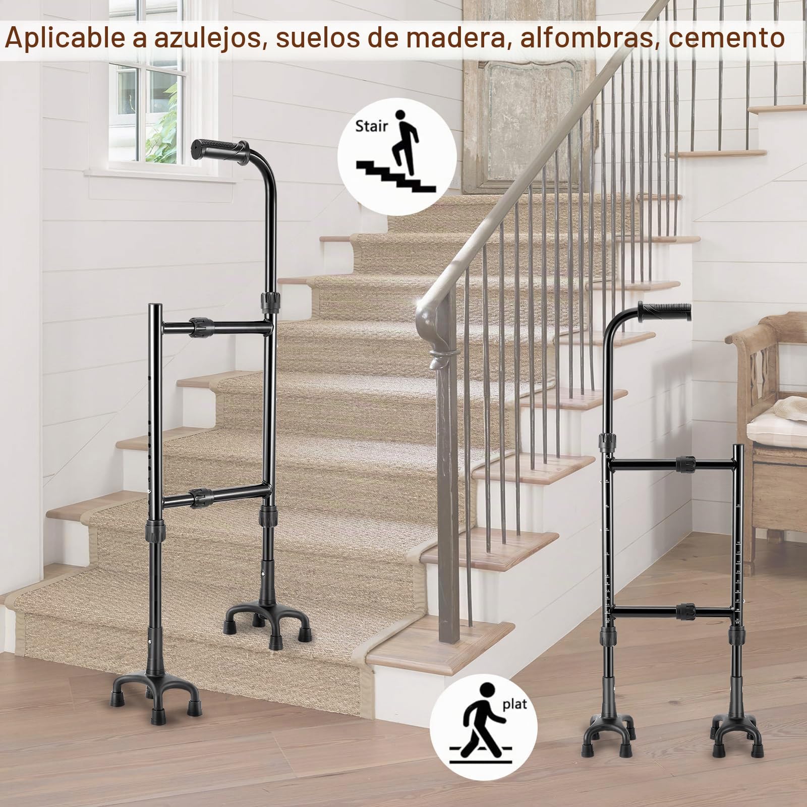 Bastón, Ayuda para Subir Escaleras Muletas para Personas Mayores Altura (85-115 Cm) Y Ancho (22-36 Cm) Ajustables Base Cuadrúpeda Bastón/Ayuda para Subir Escaleras Versátil Diseño 2 En 1
