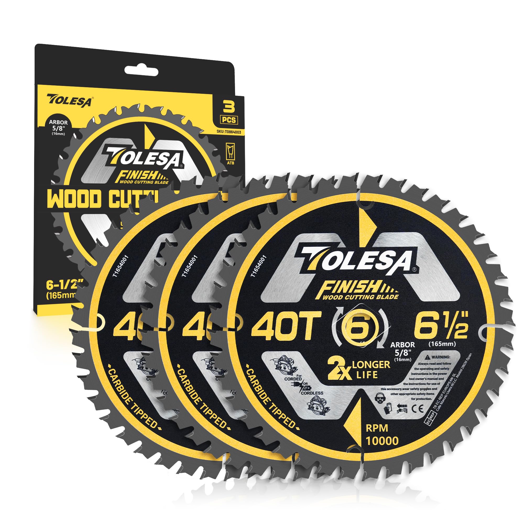 TOLESA 6 1/2 Circular Saw Blade 40 Teeth with 5/8" Arbor, ATB Carbide Teeth, Wood Cutting Framing Saw Blades for Miter Saw & Table Saw, Super Thin