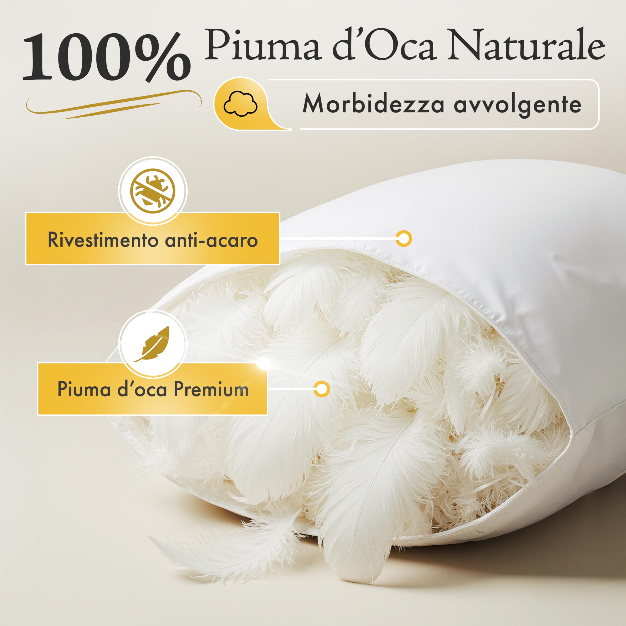 Dream Cuscino Piuma D'oca 100% 50x80cm Qualità Premium Made in Italy – Cuscino Letto con Federa Antipiuma in Cotone Saia - Guanciale Antiacaro Anallergico Certificato OEKO-TEX®