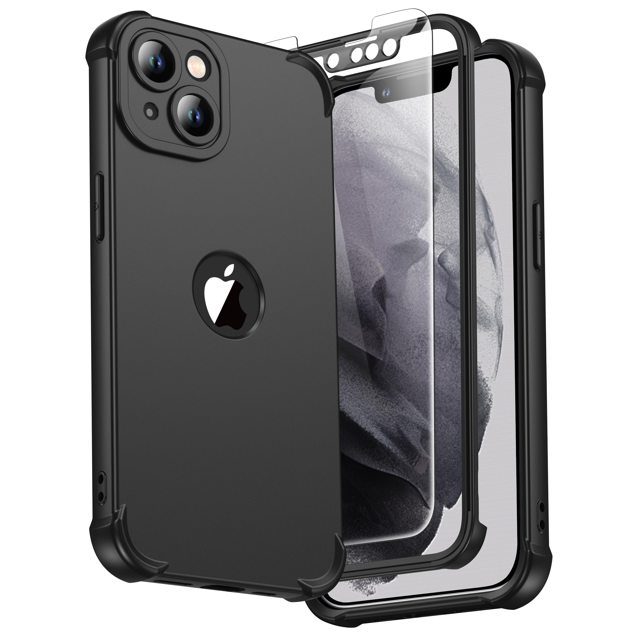 for iPhone 13 Case, with [2 Pack Tempered Glass Screen Protector] [Camera Lens Guard] [15FT Military Grade Drop Test] 360° Shockproof Slim Fit Rubber Bumper Phone Cover - Black