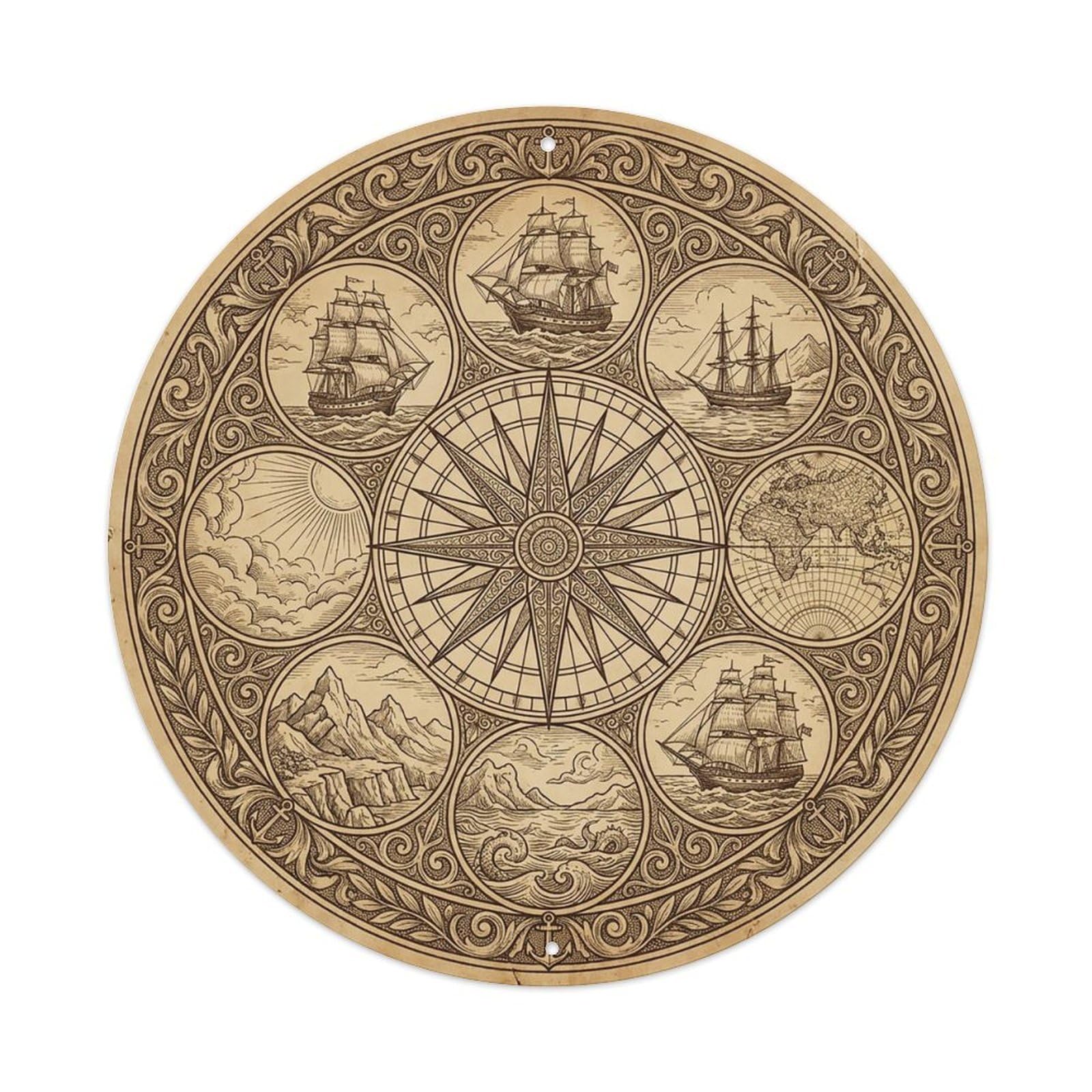 Vintage Nautical Compass World Map Territory Chronicle Metal Tin Sign