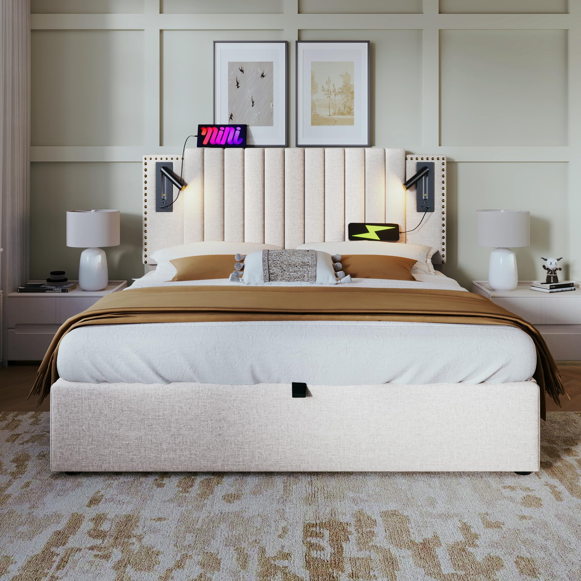 Letto imbottito idraulico luce lettura con funzione ricarica USB testiera letto matrimoniale king size schienale rivettato letti familiare contenitore adulti gli ospiti beige con materasso 160x200