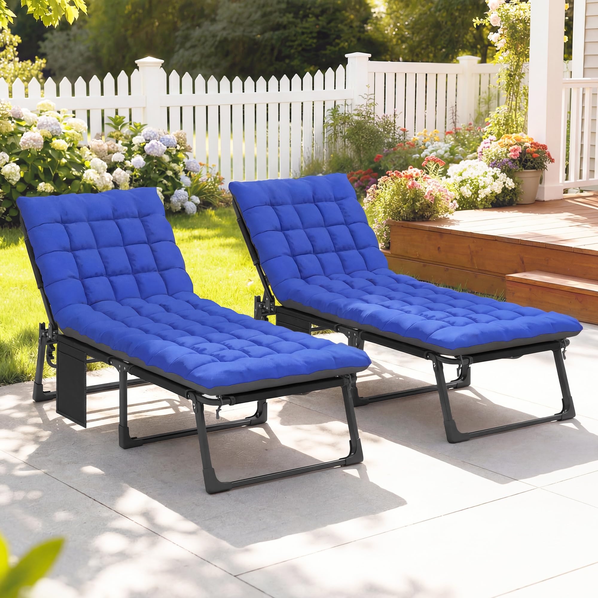 Outsunny Set de 2 Tumbonas Jardín Exterior Plegables Cojines Azul | Respaldo Reclinable 5 Posiciones, Asiento Extra Ancho de Textilene, Bolsillo Lateral, Reposacabezas, para Playa