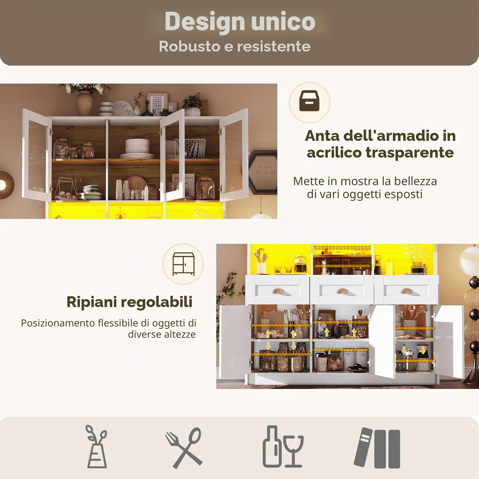 Armadietto da cucina, 140 x 40 x 175 cm, alto buffet, armadietto da cucina con ripiani regolabili, credenza con illuminazione a LED, colori luce variabili (bianco)