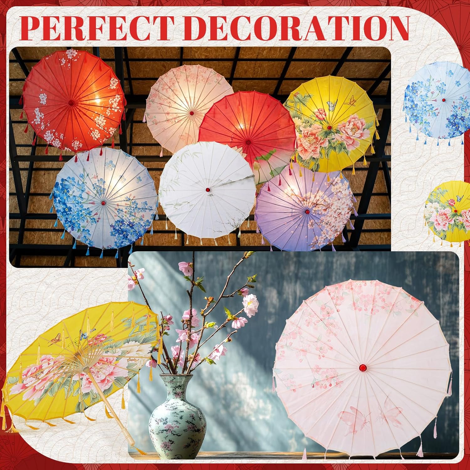 8 Pcs Chinese Oil Paper Umbrellas with Tassels 32 Inch Silk Japanese Paper Parasol Chinese Art Asian Style for Happy Wedding New Year Party Photography Costume Cosplay Decoration
