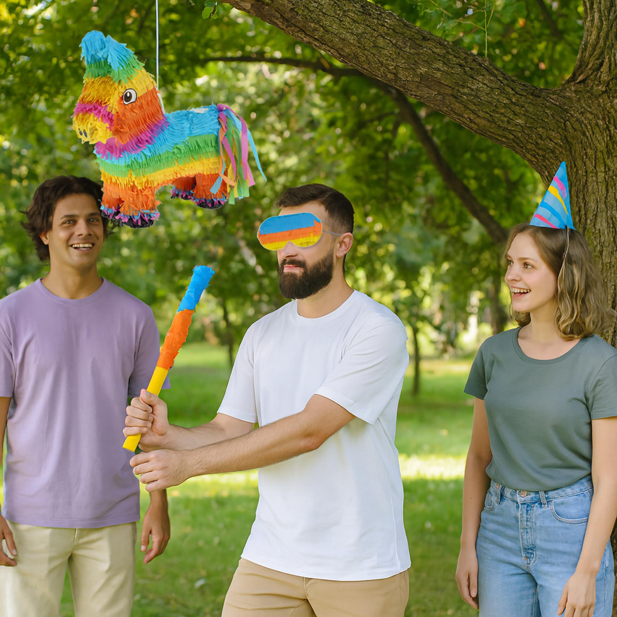 Relaxdays Pinata Esel con Bastone e Maschera, per Bambini, Compleanni, da riempire, 38x35x12 cm, Colorata