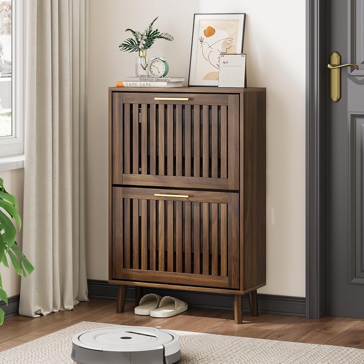 Shoe Cabinet, Shoe Storage Cabinet with Louvered 2 Flip Drawers, Narrow Shoe Cabinet Storage for Entryway, Freestanding Shoe Organizer Cabinet with Golden Handles, Slim Shoe Rack Cabinet (Walnut)