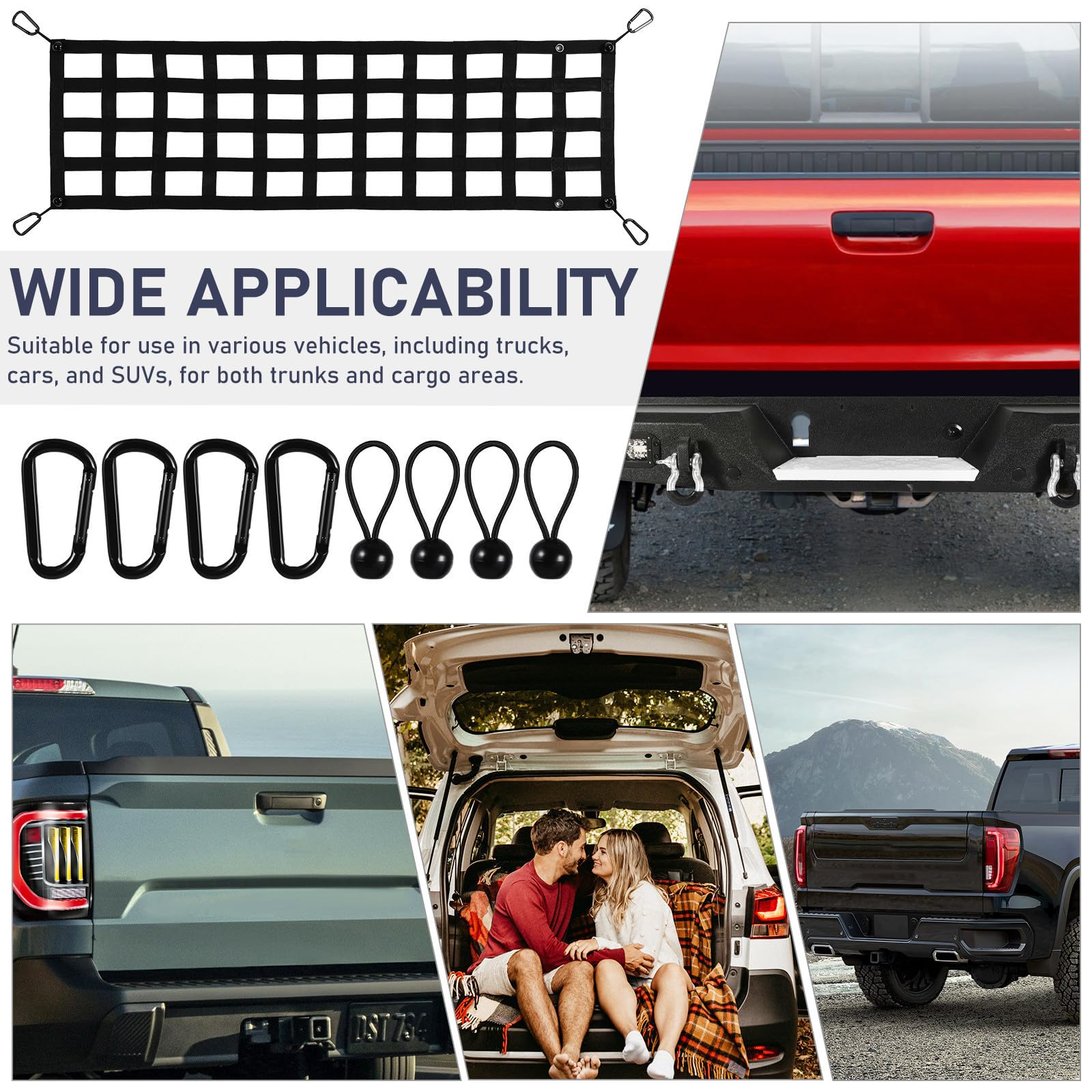 Frachtnetz für Pickup Truck Polyester Schwarz mit Karabinerhaken für Möbel und Kajaks für Ladeflächen und Autos Leicht zu Montieren