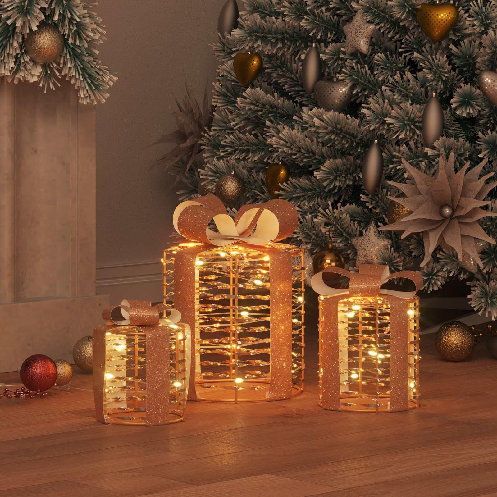 Pudełko na prezent, dekoracja 3 szt., ciepła biel, PET 20 x 20 x 20 cm ze źródłem zasilania LED USB do dekoracji choinki, ozdób choinkowych, ornamentów, gwiazd, dzwonków do salonu i wieńca