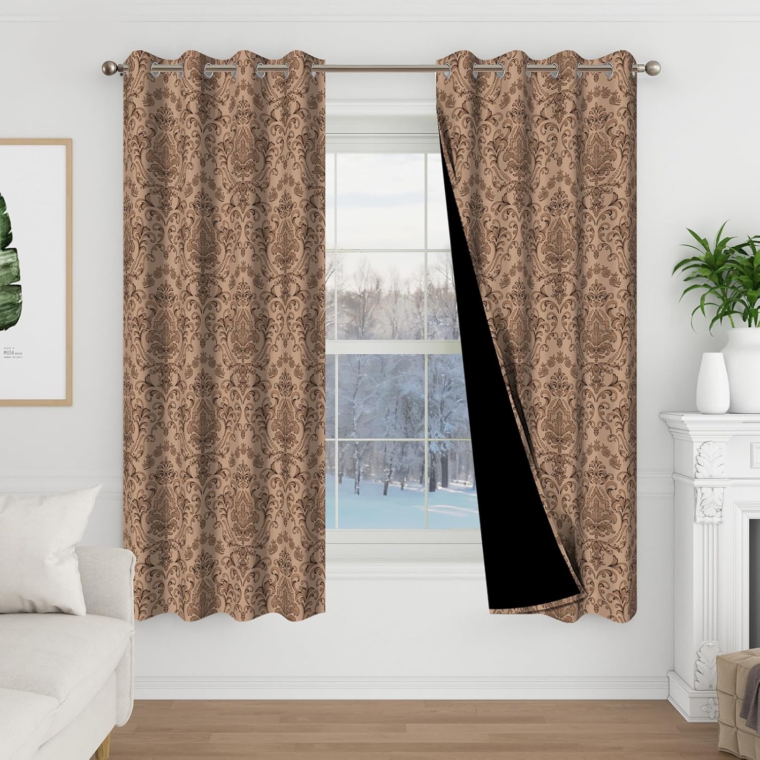 Brown Blackout Curtains for Bedroom and Living Room, Vintage Floral Patterned Black Out Curtain 63 Inch Length 2 Panels Set, Spring Thermal Insulated Soundproof Grommet Nursery Room Darkening Curtains