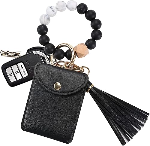 Llavero de pulsera, pulsera de silicona con cuentas de llavero con tarjetero elástico para mujer