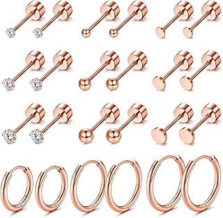 Small Tiny Stud Hoop Earring Gold Studs Stainless Steel Earring Sets for Multiple Piercing Cartilage Hoop Earrings CZ Ball Flat Back Earrings Tragus Cartilage Earrings