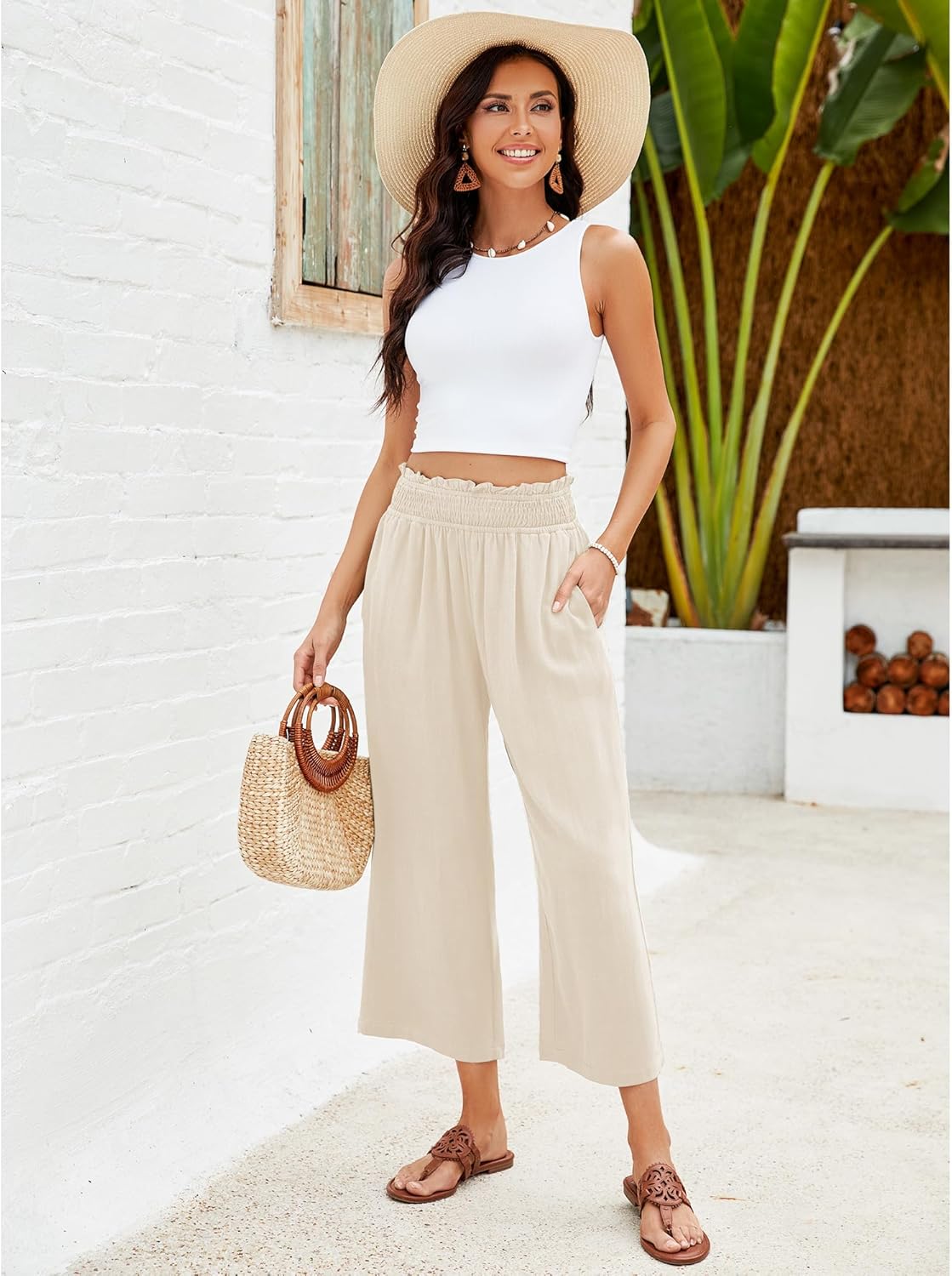GRAPENT Capri Pants for Women High Waisted Wide Leg Linen Palazzo Trousers Pull On Elastic Smock Waist Loose Flowy Pants - Image 4