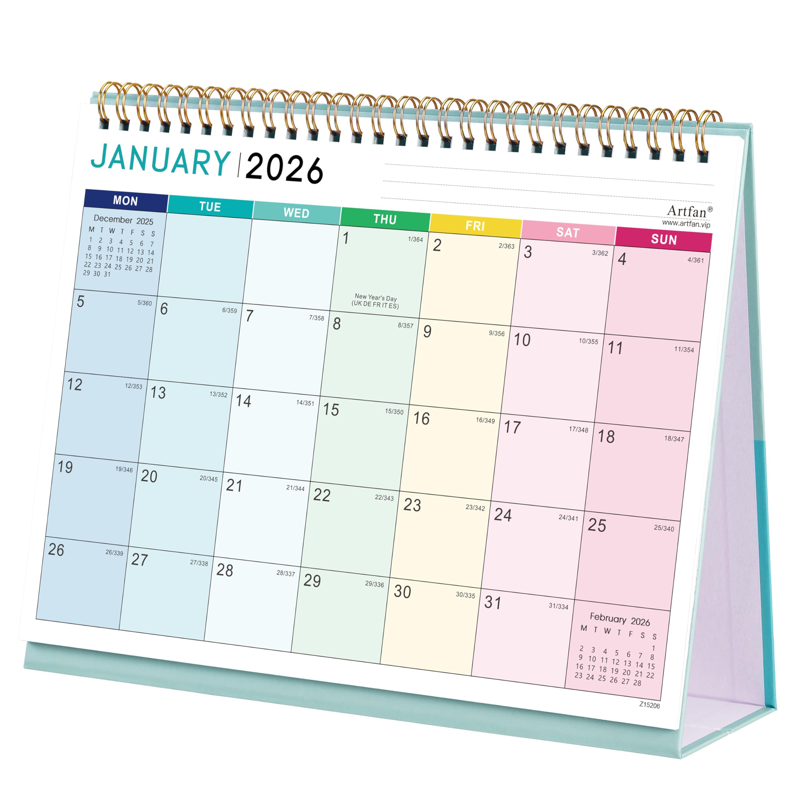 Desk Calendar 2026 - Calendar 2026, Runs from Jan. 2026 to Dec. 2026, 12 Month Desktop Calendar, Starts on Monday, 25.3 x 20.5 x 7.8 cm, Rainbow plaid
