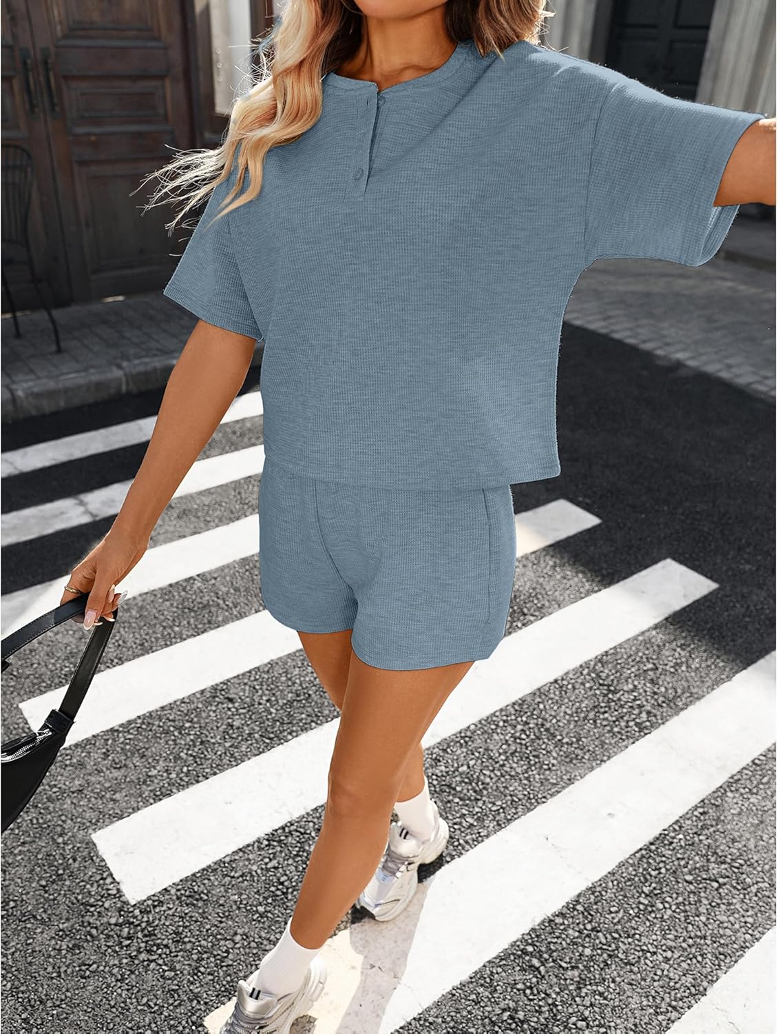 2 Piece Sets for Women Waffle Knit Sets Summer Outfits 2026 Henley Top High Waisted Shorts Lounge Set with Pockets
