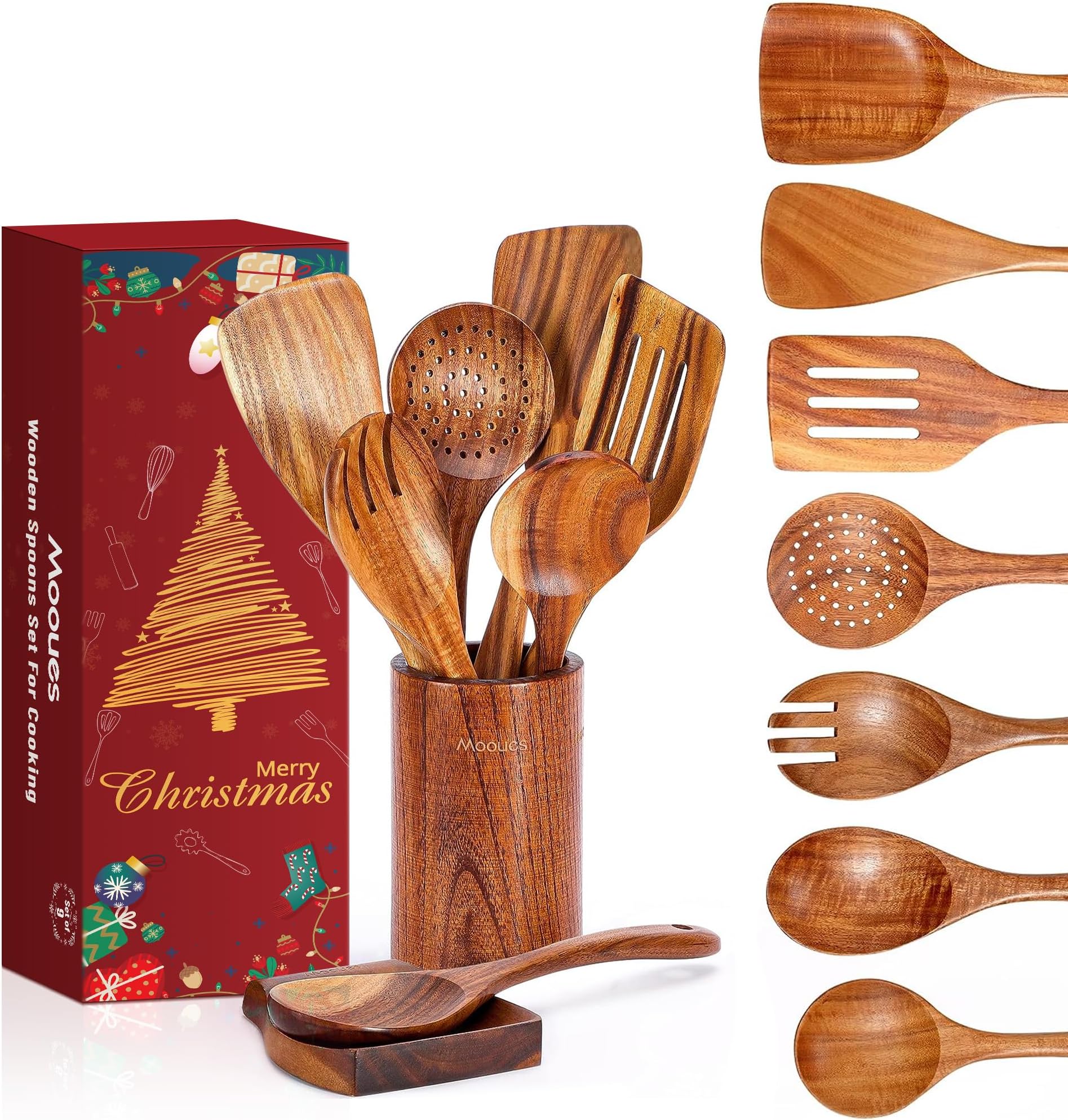 9 PCS Wooden Spoons for Cooking, Natural Teak Wooden Kitchen Utensil Set with Spoon Rest - Cooking Spoons and Utensils Holder Comfort Grip Christmas Gift