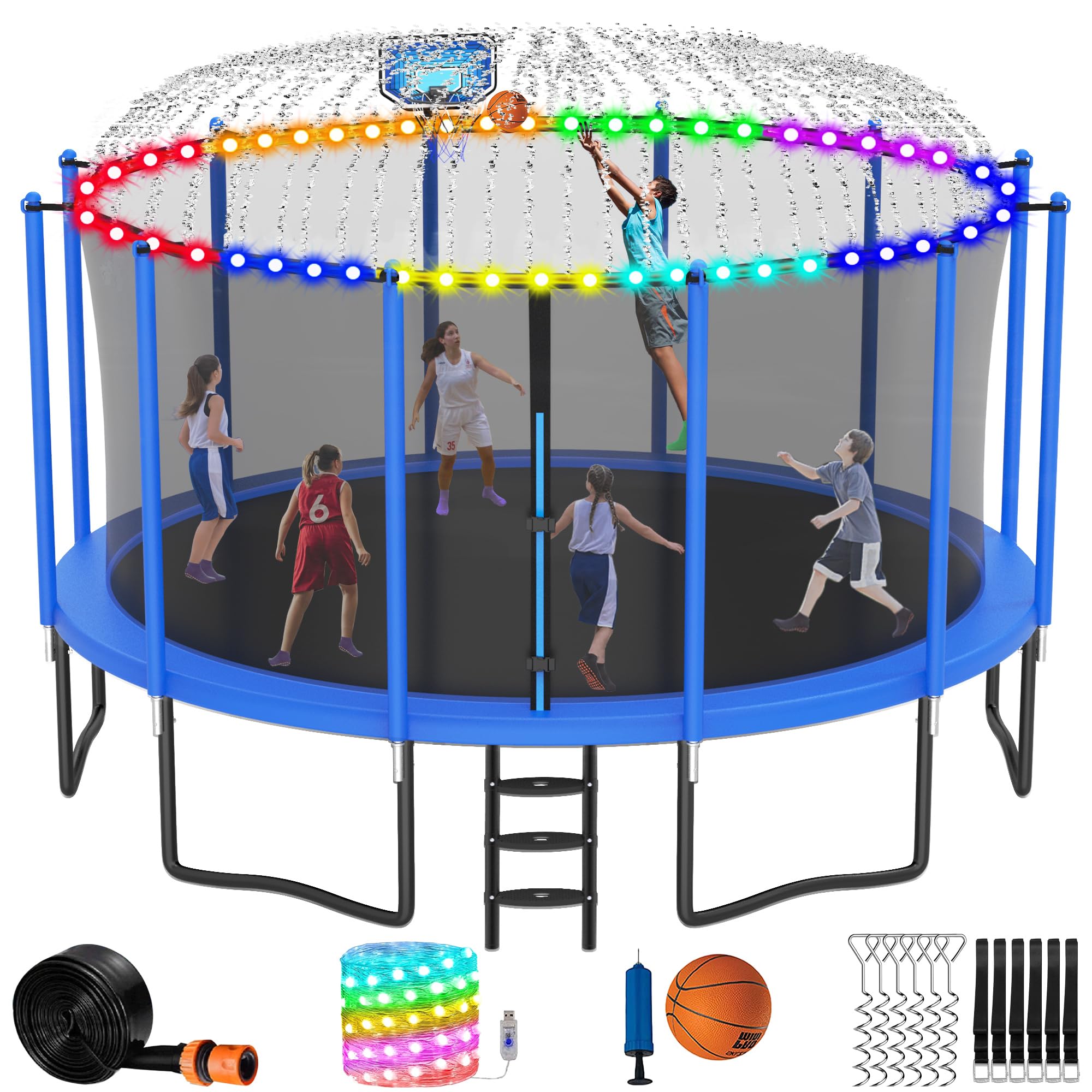 LHX 8 10 12 14 15 16FT Tranpoline Outdoor 1500LBS with Basketball Hoop, Light and Sprinkler, Large Heavy Duty Round Recreational Tranpoline for Kids
